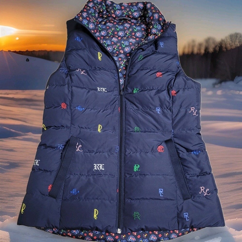 Polo Golf Ralph‎ Lauren Down Vest Womens SP Reversable Navy Monogram/Floral Boho